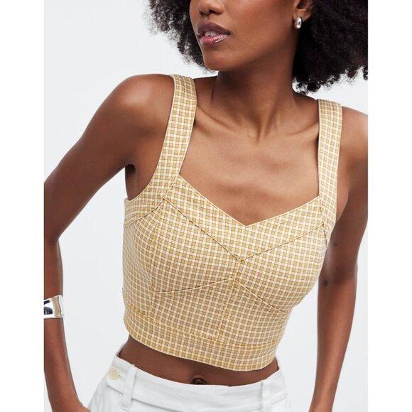 Madewell Women's Gold Mini Check Denim Supercrop Tank Top Sweetheart Neck Sz 12 - Picture 1 of 10